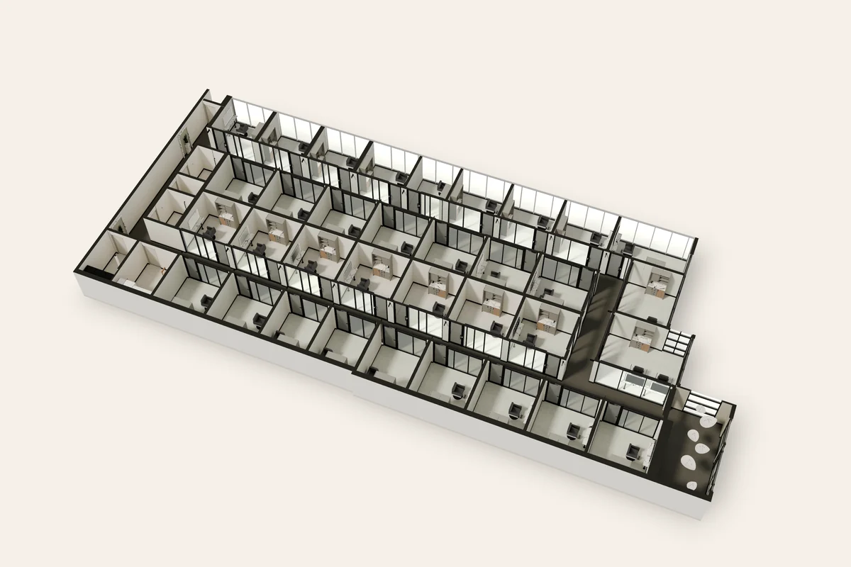 The Bloom Kelowna 3D model as a cutaway from above: reception, the corridor and all 34 studios
