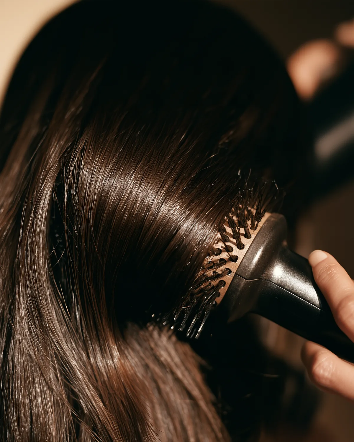 A hairstylist blow-drying long dark brown hair around a round brush