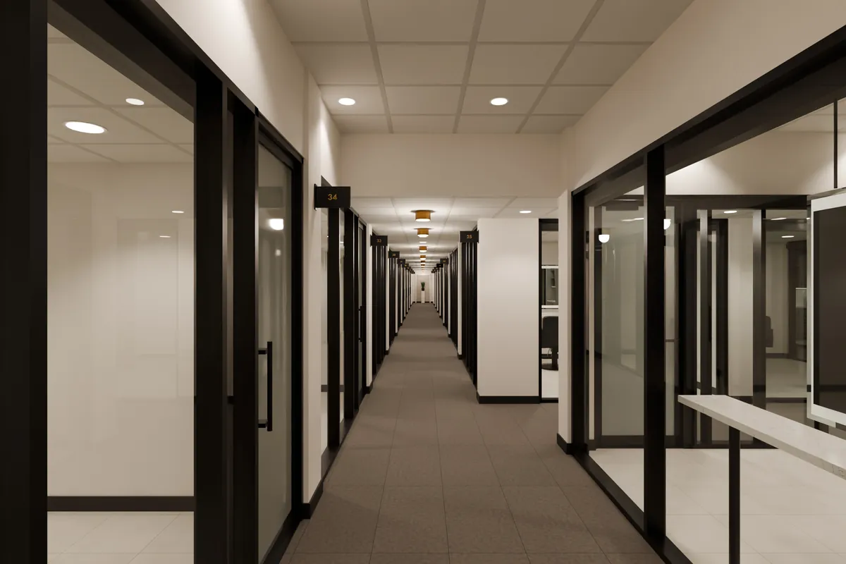 Render of the corridor, glass studio fronts on both sides