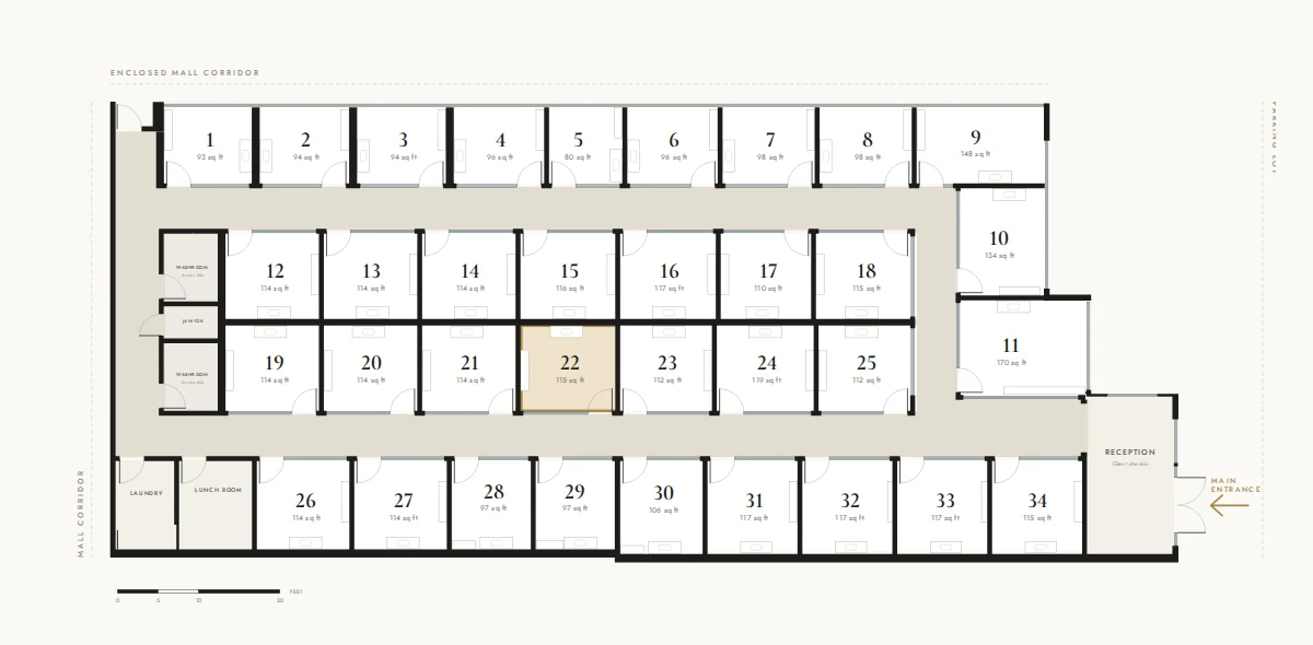 Floor plan of the 34 studios with Studio 22 highlighted