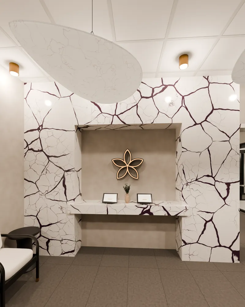 Render of the Bloom reception check-in wall, with two iPad check-in stations under the lit flower