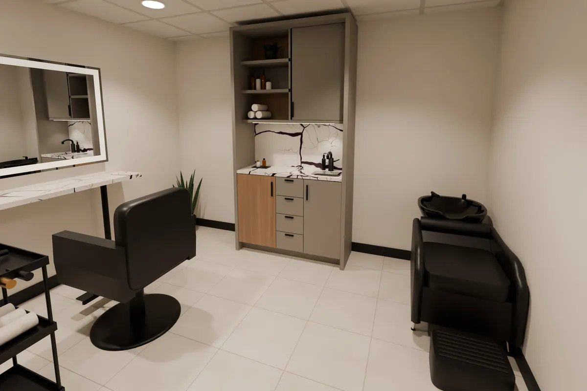 Render of Studio 22 set up for hair, with a styling chair at the mirror and a backwash beside the sink