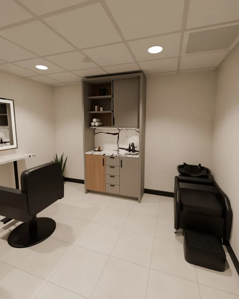 Render of Studio 22 set up for hair, with a styling chair at the mirror and a backwash beside the sink