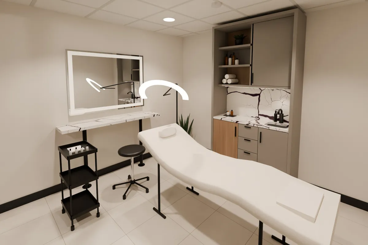 Render of Studio 22 set up for lash and brow, with a lash bed under an arc lamp and a stool at the head