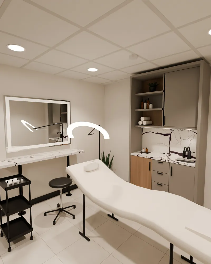 Render of Studio 22 set up for lash and brow, with a lash bed under an arc lamp and a stool at the head