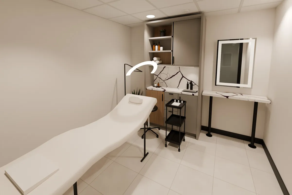 Render of Studio 29 set up for lash and brow, with a lash bed, an arc lamp, a stool and a trolley