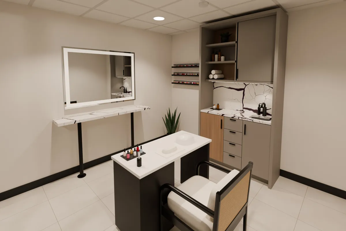 Render of Studio 22 set up for nails, with a manicure table, a client chair and polish shelves