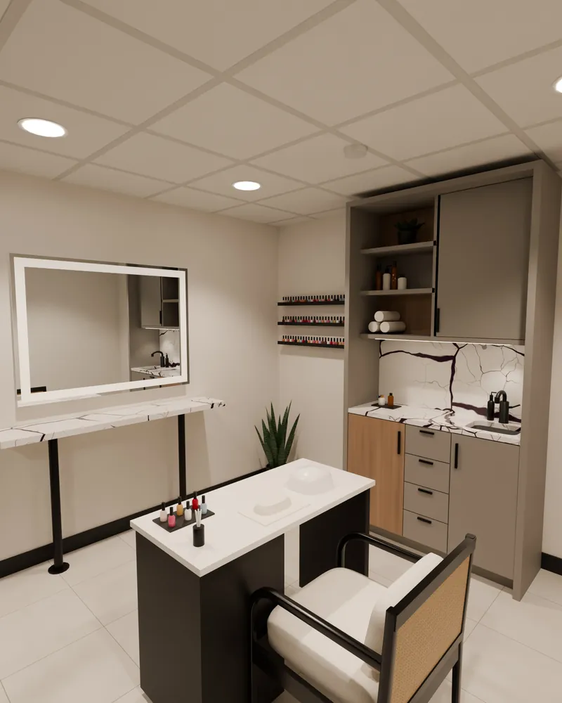 Render of Studio 22 set up for nails, with a manicure table, a client chair and polish shelves
