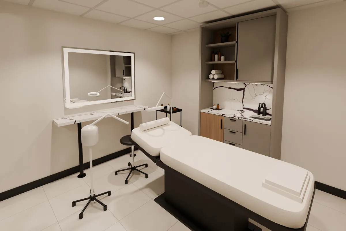 Render of Studio 22 set up for skin and massage, with a treatment bed, a magnifier lamp, a steamer and a stool