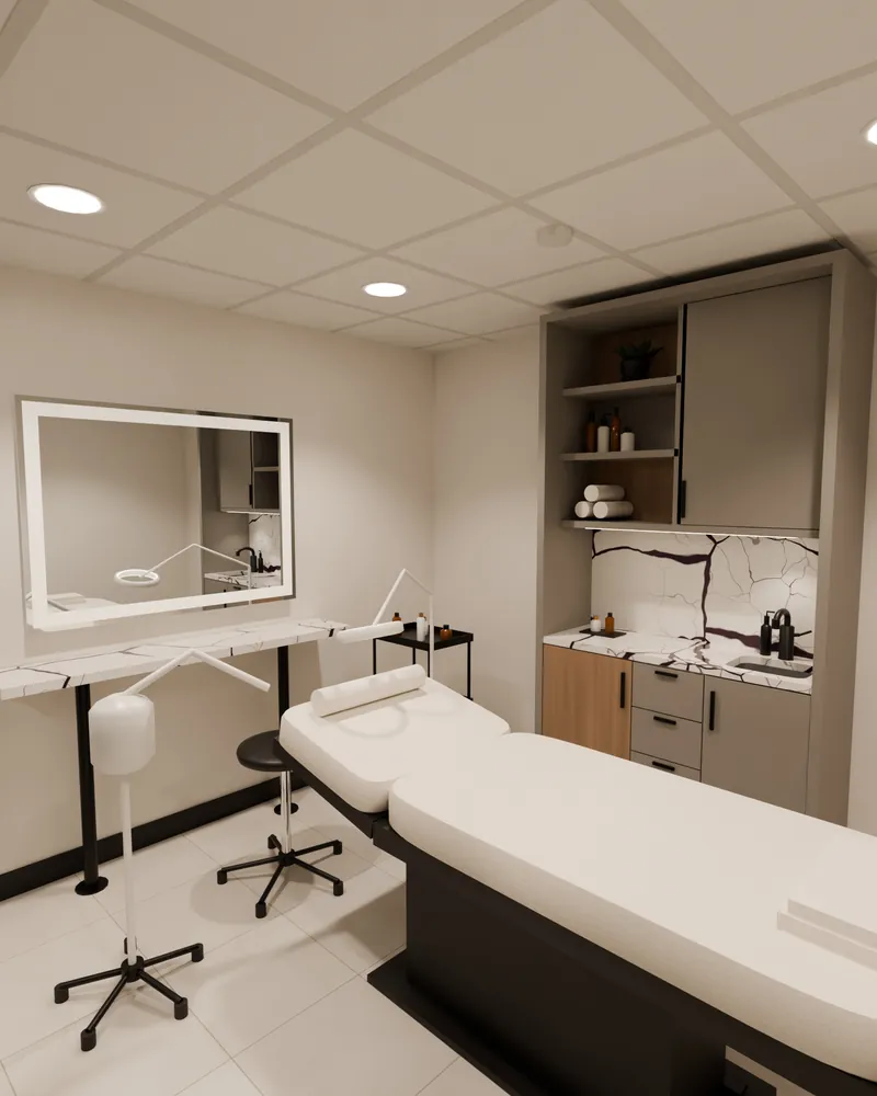 Render of Studio 22 set up for skin and massage, with a treatment bed, a magnifier lamp, a steamer and a stool