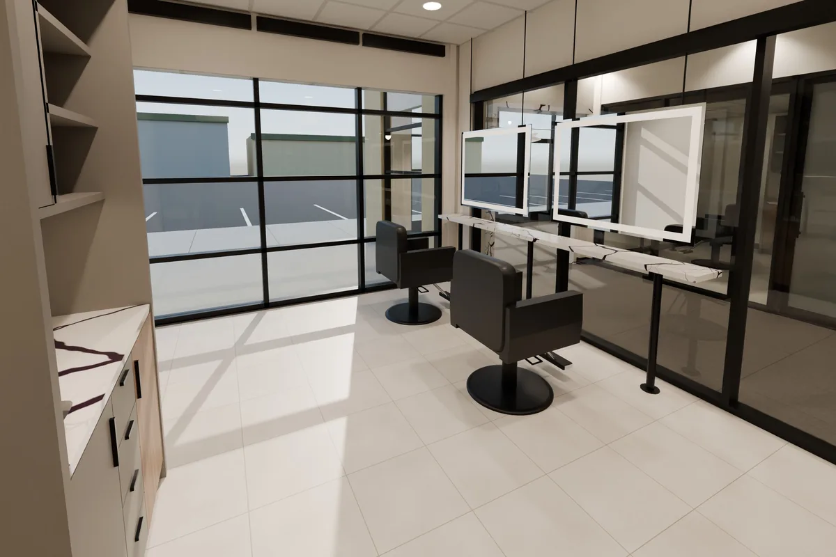 Render of Studio 11: two styling chairs at a shared counter with two mirrors, beside a wall of exterior windows