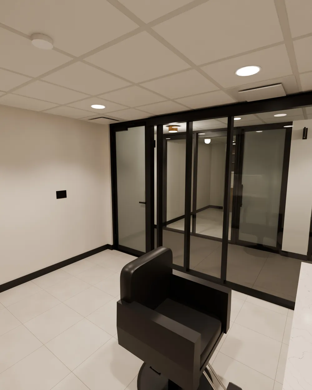 Render of Studio 22: glass front with a frosted door